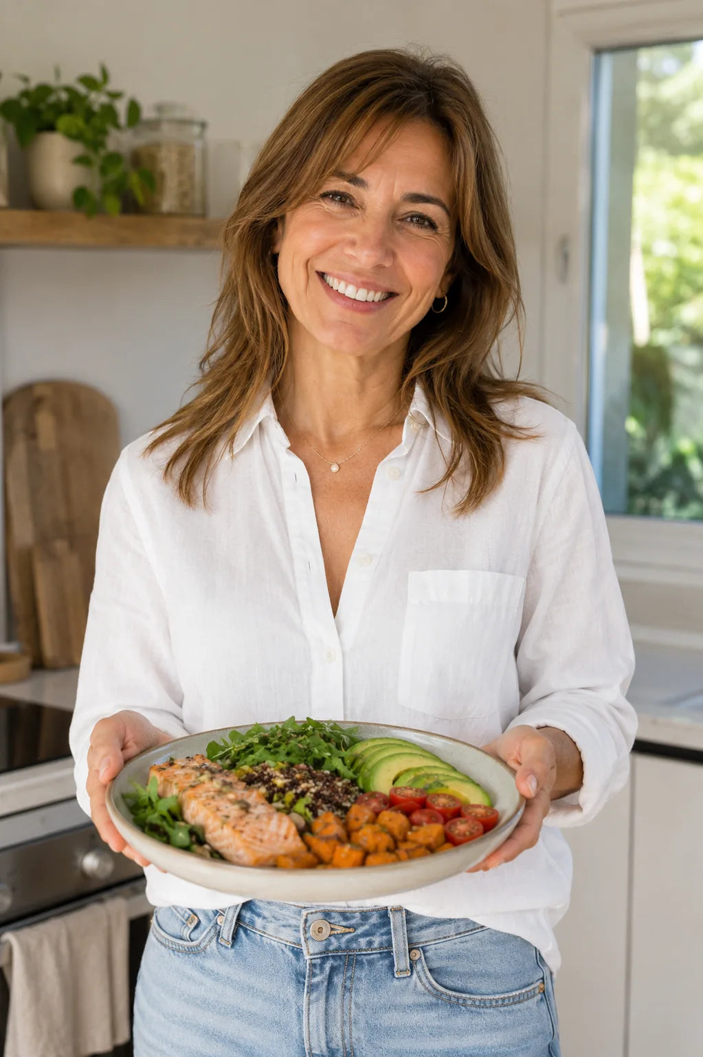 Mujer sosteniendo un plato saludable