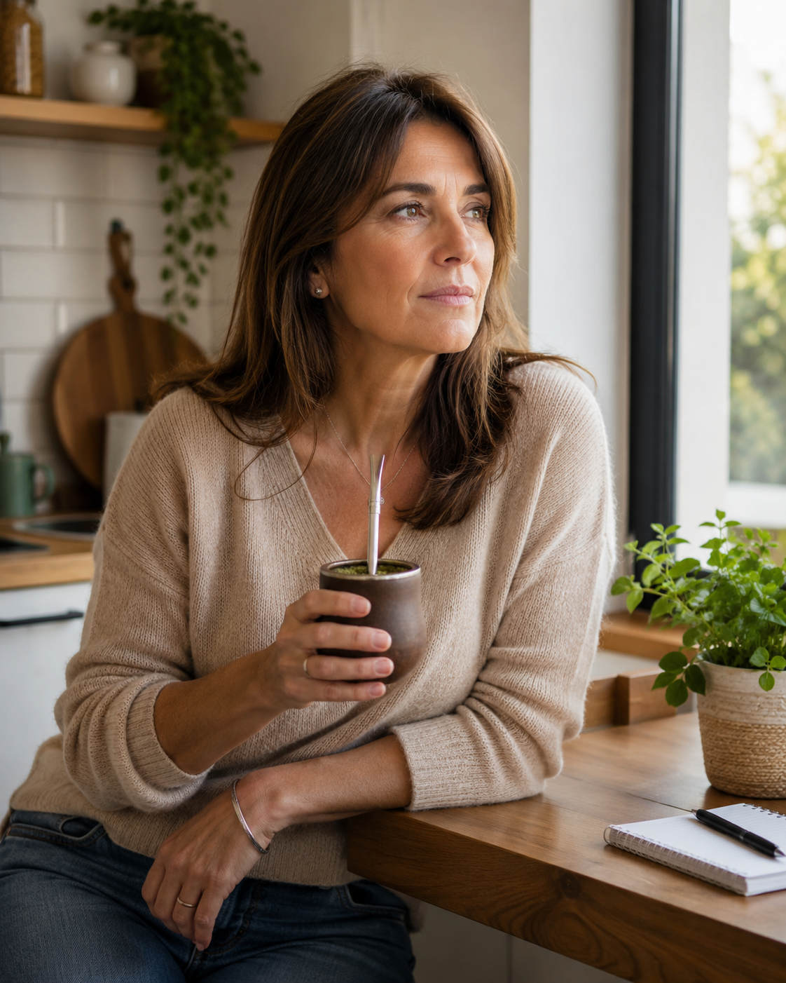 Mujer tomando mate junto a una ventana