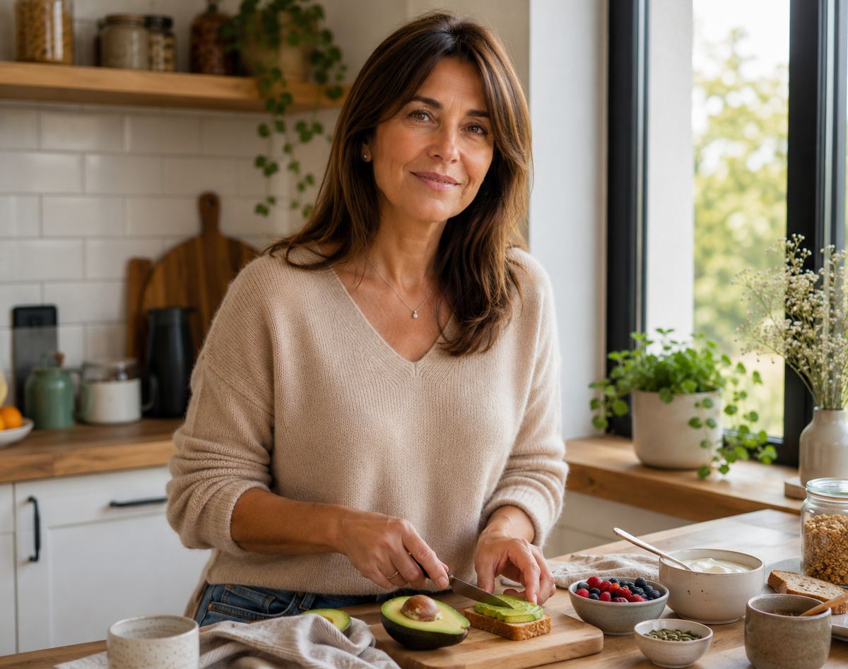 Mujer de más de 40 años cocinando y sonriendo en una cocina luminosa