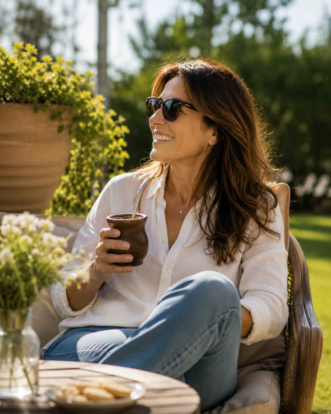 Mujer disfrutando un mate al aire libre