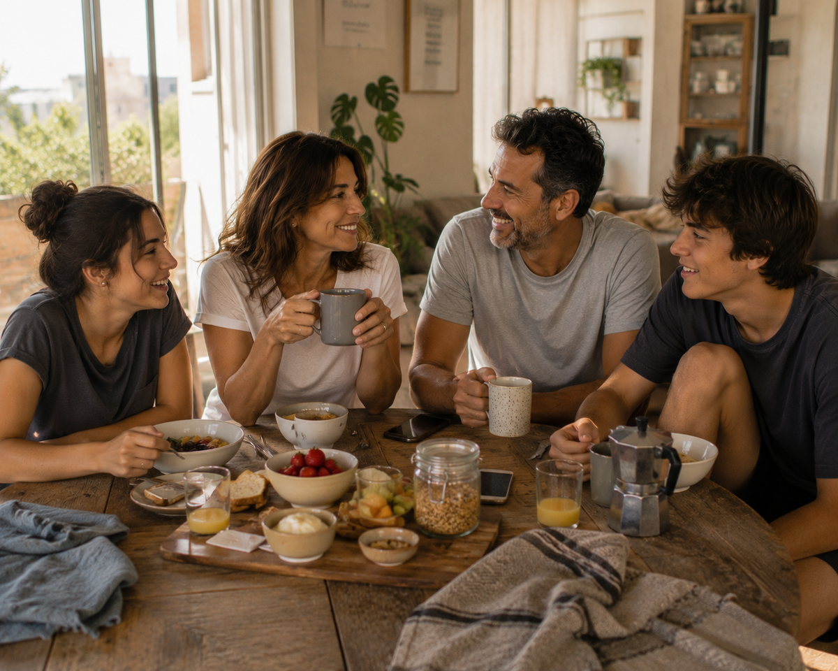 Familia desayunando