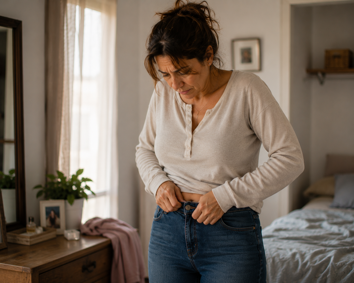 Mujer intentando cerrar un jean